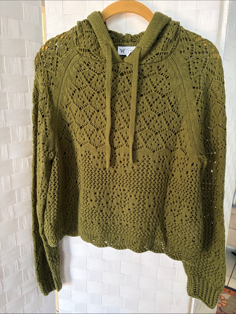 Jessica Simpson Olive Green Crochet Knit Hoodie Sweater